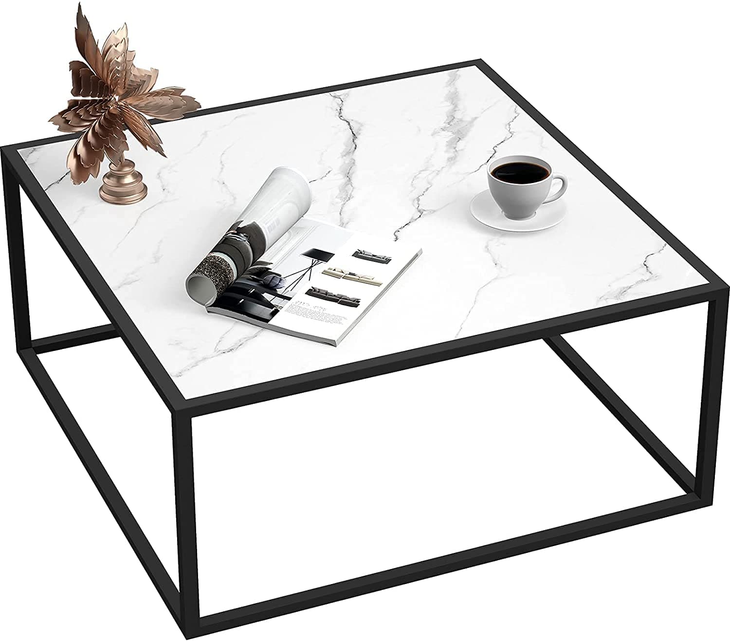 SAYGOER Marble Coffee Table Small Square Coffee Tables Simple Modern Center Table for Living Room Home Office , Easy Assembly, White Marble,27.6 * 27.6 * 15.7 Inch,SGR1028-3