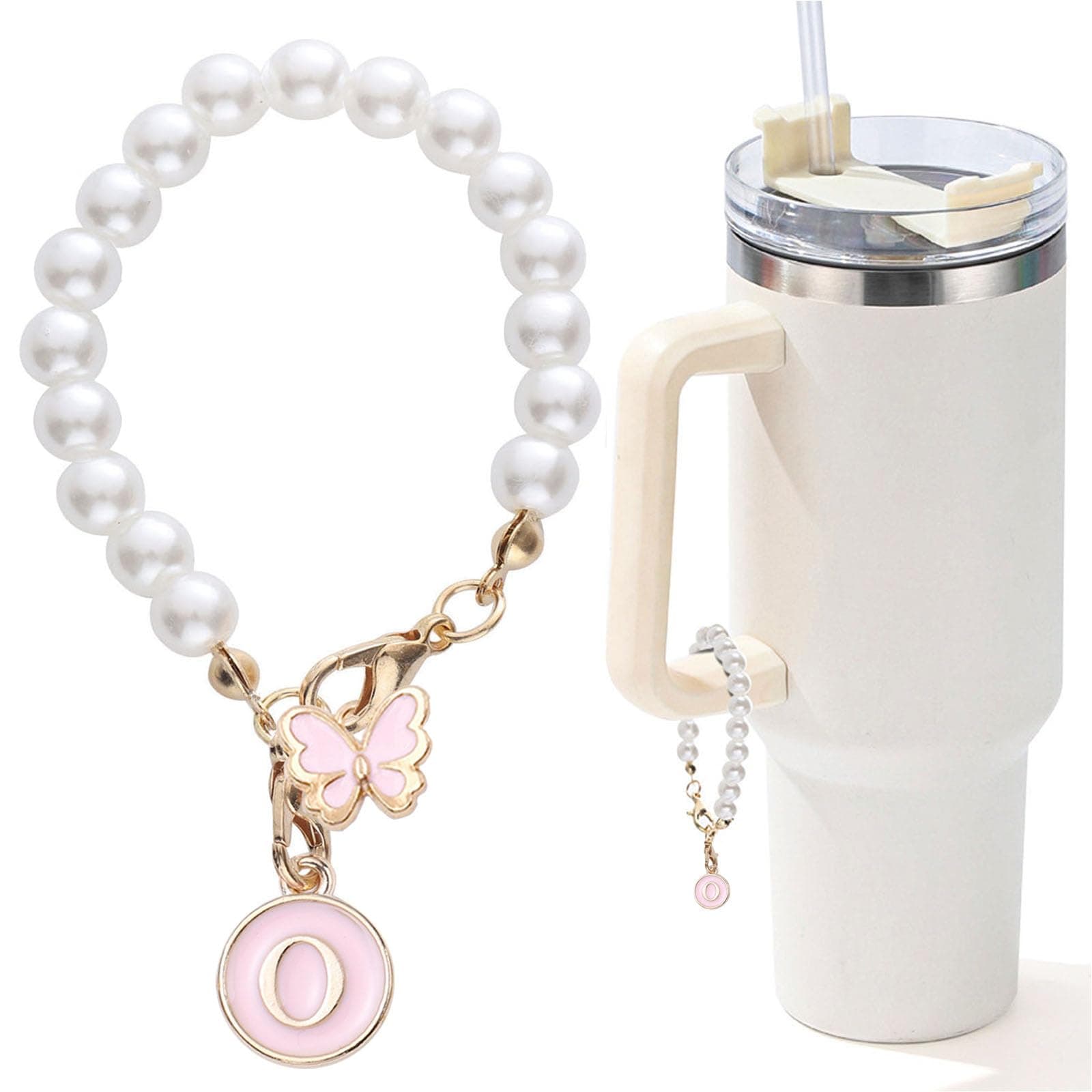 Accessories for Stanley Cup Pearl Chain Initial Accessoriess for Handle Stuff Decor Water Bottle Jewelry Tumbler Cute Simple Modern Personalized Name ID Decorations Letter Pink Tag O