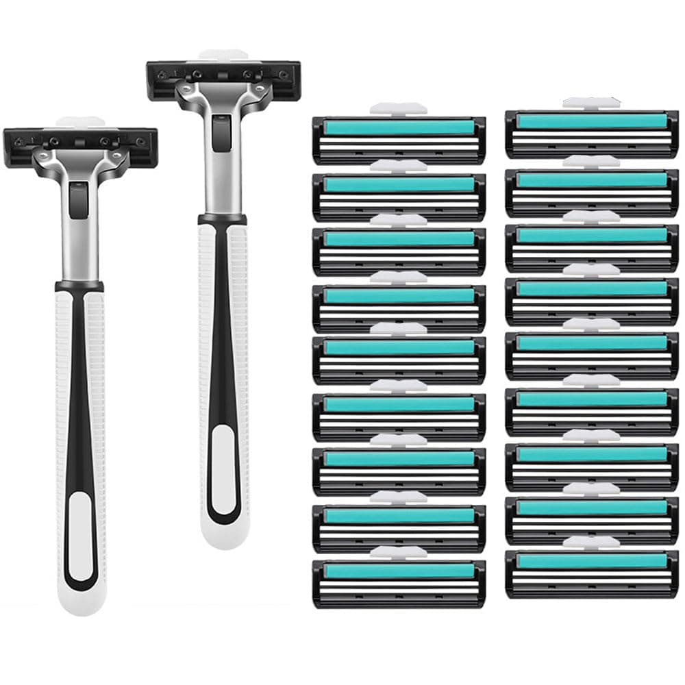 GoodernManual Razor for Men,2 PCS Razors Handle with 18 Double Floating Bit Lightweight Safety Double Edge Razor Travel Portable Wet & Dry Razor Reusable Clean Shaving Razor Tool for Men and Women