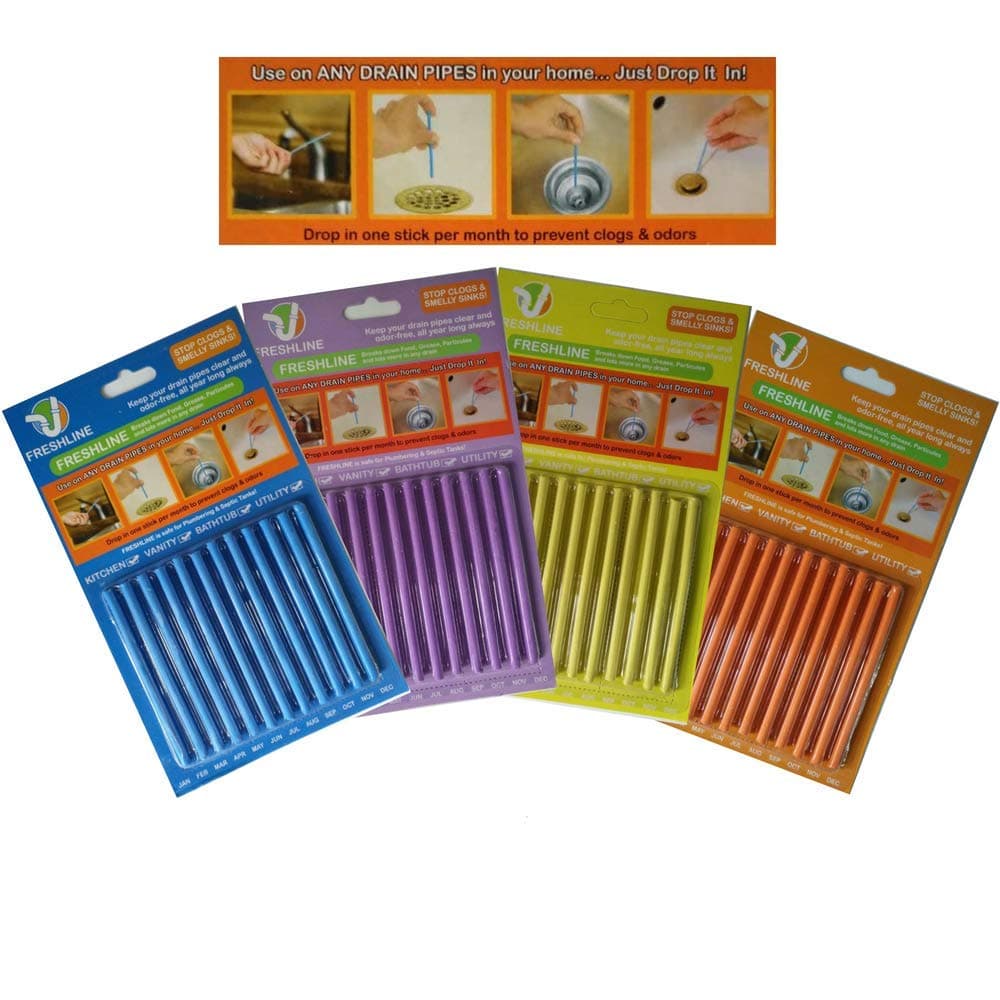 Freshline Drain Sticks Sink Cleaner Deodorizer - 48 Sticks, Sink Pipe Drain Clog Remover Stick & Odor Free Shower Cleaner Sanitizer Freshener Enzyme Sticks. Set of 4 Fragrance X 12 Pieces