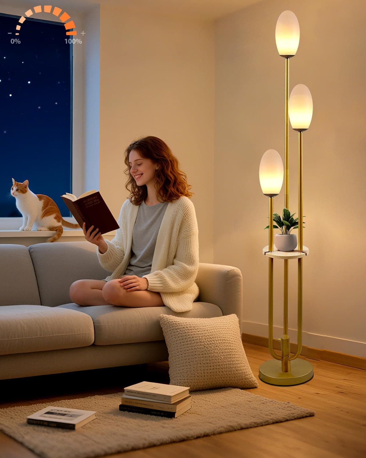 Lightdot Gold Floor Lamp Dimmable with Table, Tall Standing Lamps with 3-Oval Lampshades& LED Bulbs Included, 3000K Warmwhite Mid Century Modern Floor Lamp for Living Room/Sofa Beside/Corner Decor