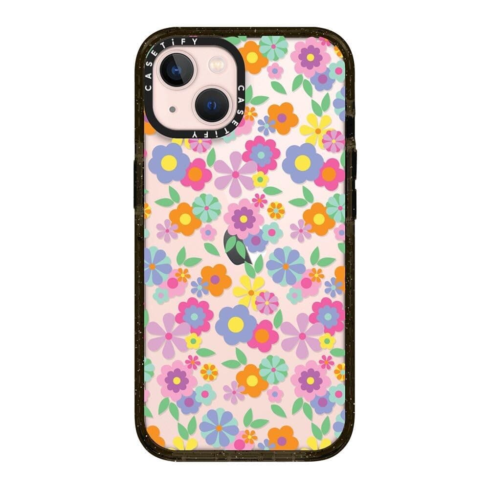 CASETiFY Impact iPhone 13 Case [6.6ft Drop Protection] - Cheerful 1960s Floral Bedsheet Wallpaper - Clear Black