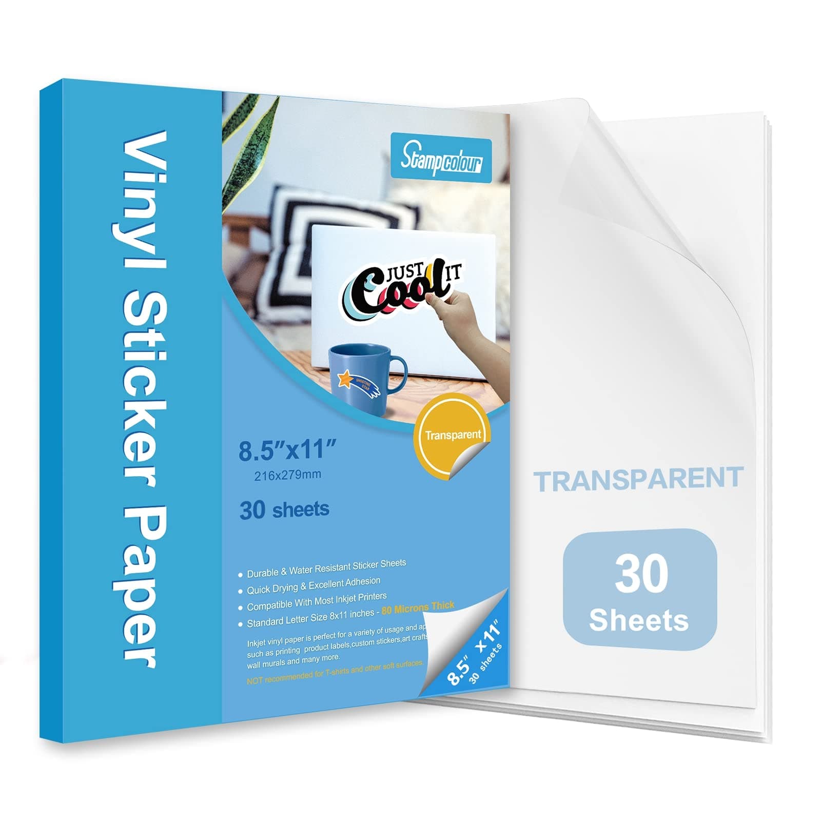 Stampcolour 30 Sheets Clear Printable Sticker Paper for Inkjet Printer, 8.5x11 Vinyl Transparent Sticker Paper, Dries Quickly Vivid Colors Decal Paper,Tear Resistant for DIY Stickers & Decals