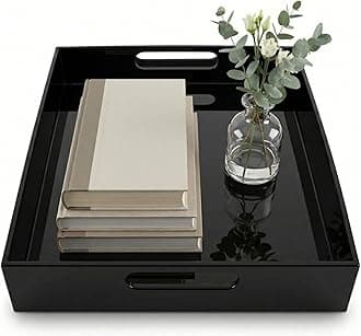 (Large, Black) - BLACK SERVING TRAY - 53cm Large Acrylic Tray for Coffee Table, Breakfast, Tea, Food, Butler - Decorative Display, Countertop, Kitchen, Vanity Serve Tray with Handles by