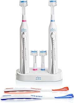 Triple Bristle Duo - 2 Electric Toothbrushes with Dual Charging Station, Patented 3 Head Design, 31,000 VPM, Rechargeable Toothbrush Set for Families & Couples, 3-Sided Sonic Brush