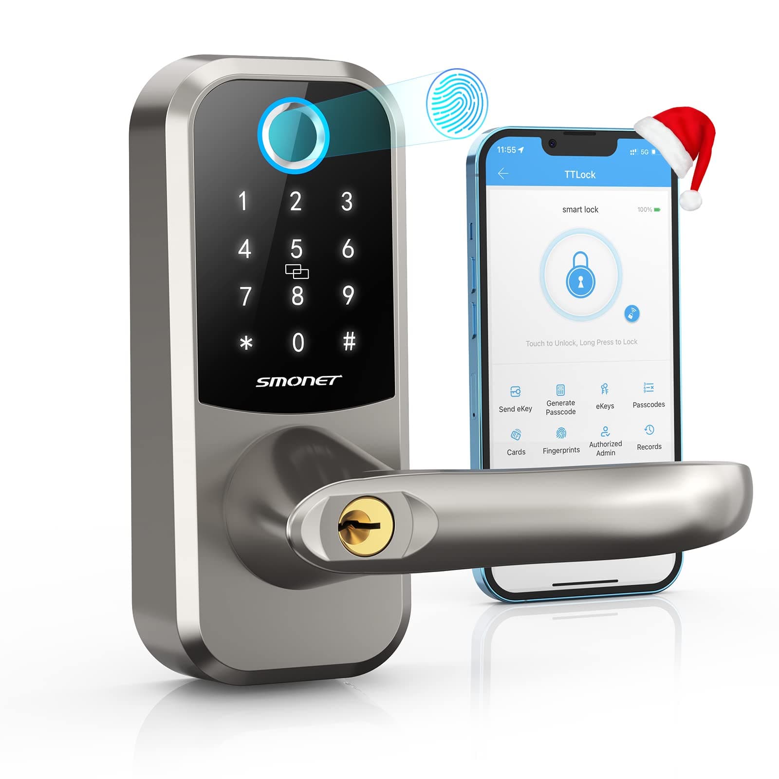Smart Lock, SMONET Fingerprint Door Lock with Adjustable Handle, Bluetooth Electronic Digital Deadbolt Lock