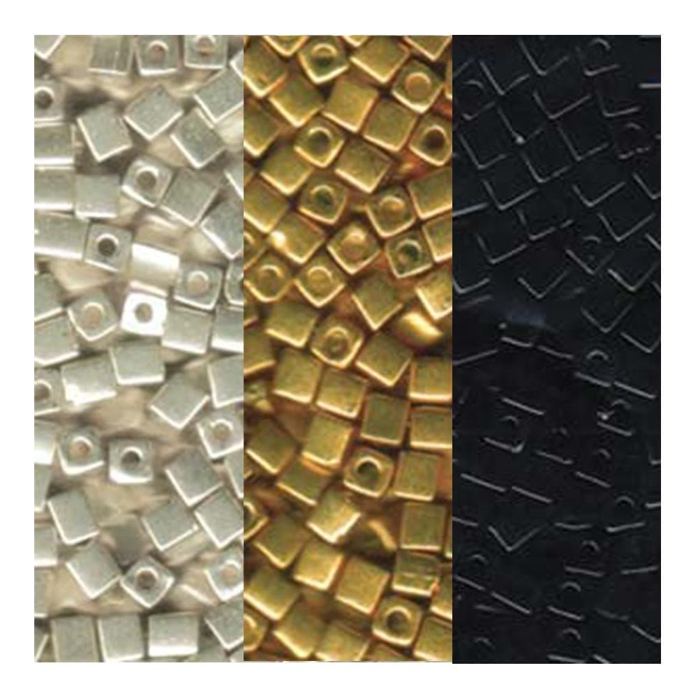 Metallic Miyuki 4mm Square Bead Bundle: Metallic Gold, Silver and Opaque Black Cube Japanese Glass Seed Beads - 60 Grams Total