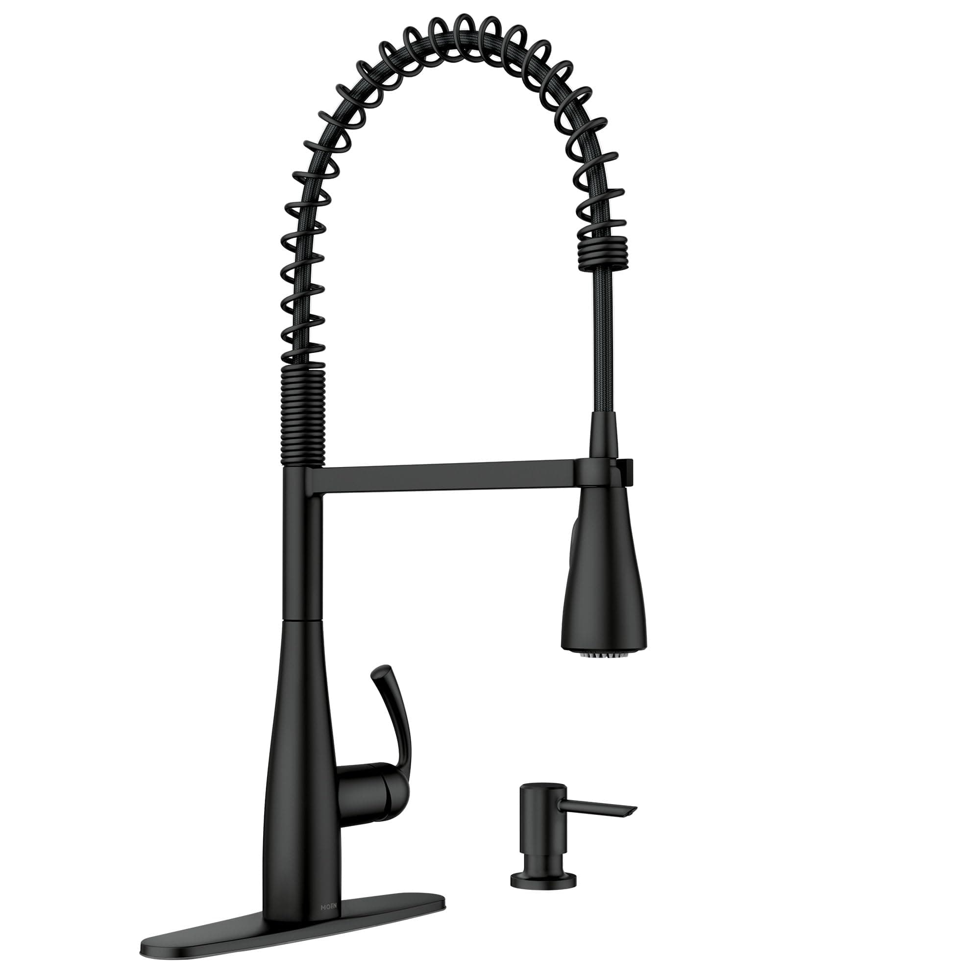 Essie Matte Black One-Handle High Arc Pre-Rinse Spring Pulldown Kitchen Faucet with Power Clean, 87814BL