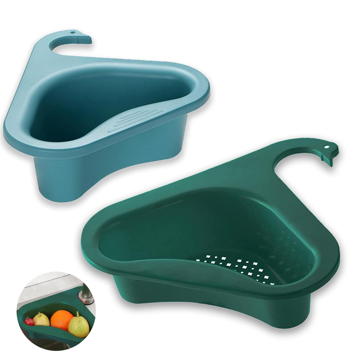 X spring Kitchen Sink Drain Basket, 2 PCS Swan Drain Basket for Kitchen Sink, Multifunctional Kitchen Triangle Sink Filter, Kitchen Sink Accessories, Vegetable and Fruit Drain Basket, Green and Blue