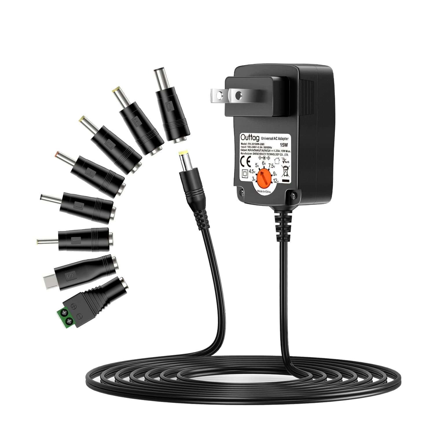 AC Adapter 15W Multi Voltage 3V 4.5V 5V 6V 7.5V 9V 12V 1.25A DC Power Supply, for Switching Adapter Household Electronics Routers CCTV IP Cameras Speakers Universal Charger 1250mA