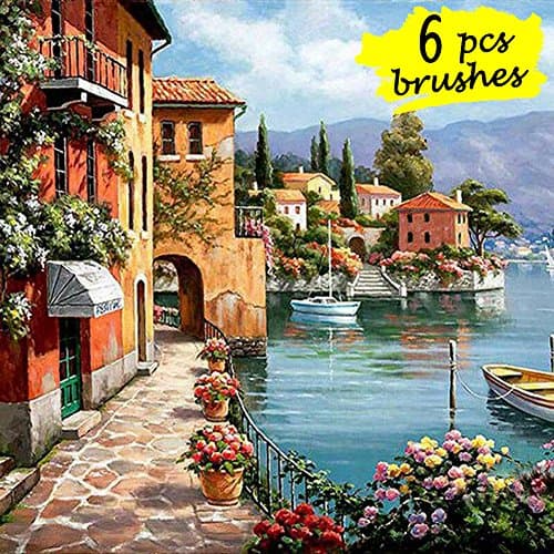 DIY Paint by Numbers Kit with 6pcs Brushes and Rolling Canvas, Oil Painting Kit for Adults, Kids Beginner - Seascape Resort 16"x20"