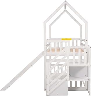 Merax Twin Over Twin House Bunk Bed Frames with Slide and Storage Staircase, No Box Spring Needed, White
