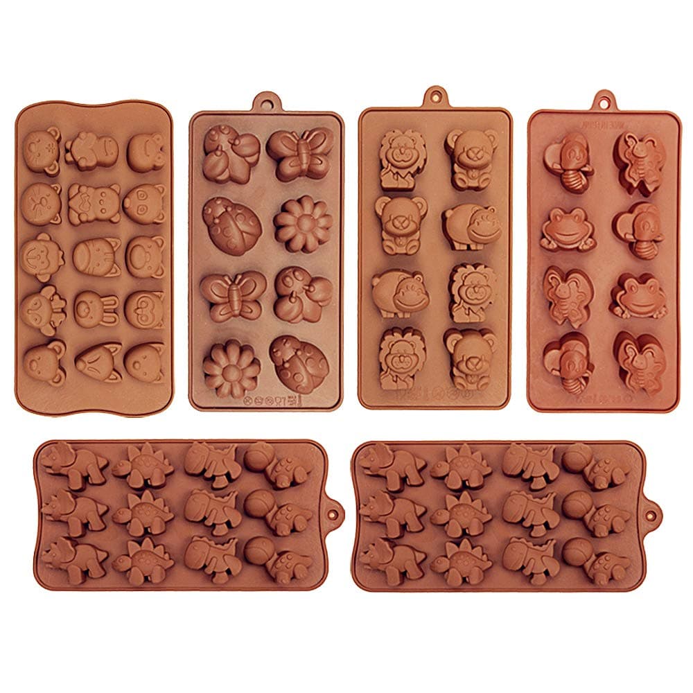 6 Pack Silicone Baking Molds, Dinosaur Chocolate Mold, Forest Theme Animal Mould with Shape of Dinosaur,Bear,Lion,Bee,Butterfly,Frog,Fox Etc Food Grade molds for Cake Candy Chocolate Soap Making