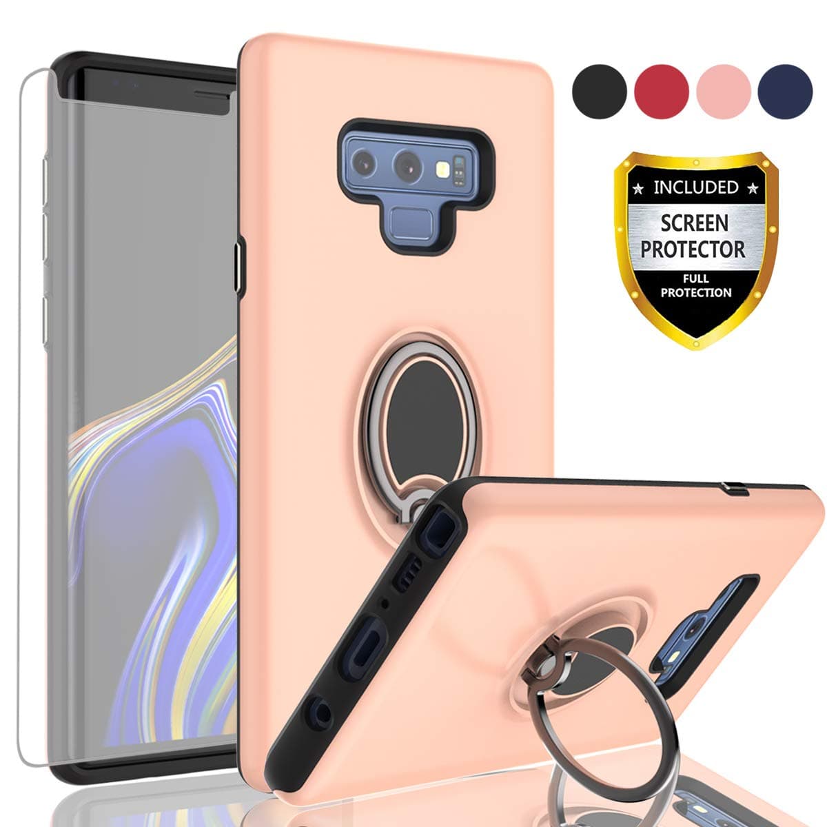 Angxyy for Samsung Galaxy Note 9 Case with HD Screen Protector, Rotating Ring Holder Dual Layer Shock Bumper Cover for Samsung Galaxy Note 9-GH Rose Gold