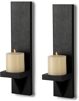OwnMy Set of 2 Wooden Wall Candle Sconces Rustic Wall Mount Wooden Pillar Candle Sconces, Black Farmhouse Wall Candle Sconces Hanging Wall Sconces Vintage Wall Candle Holders Decor for Living Room