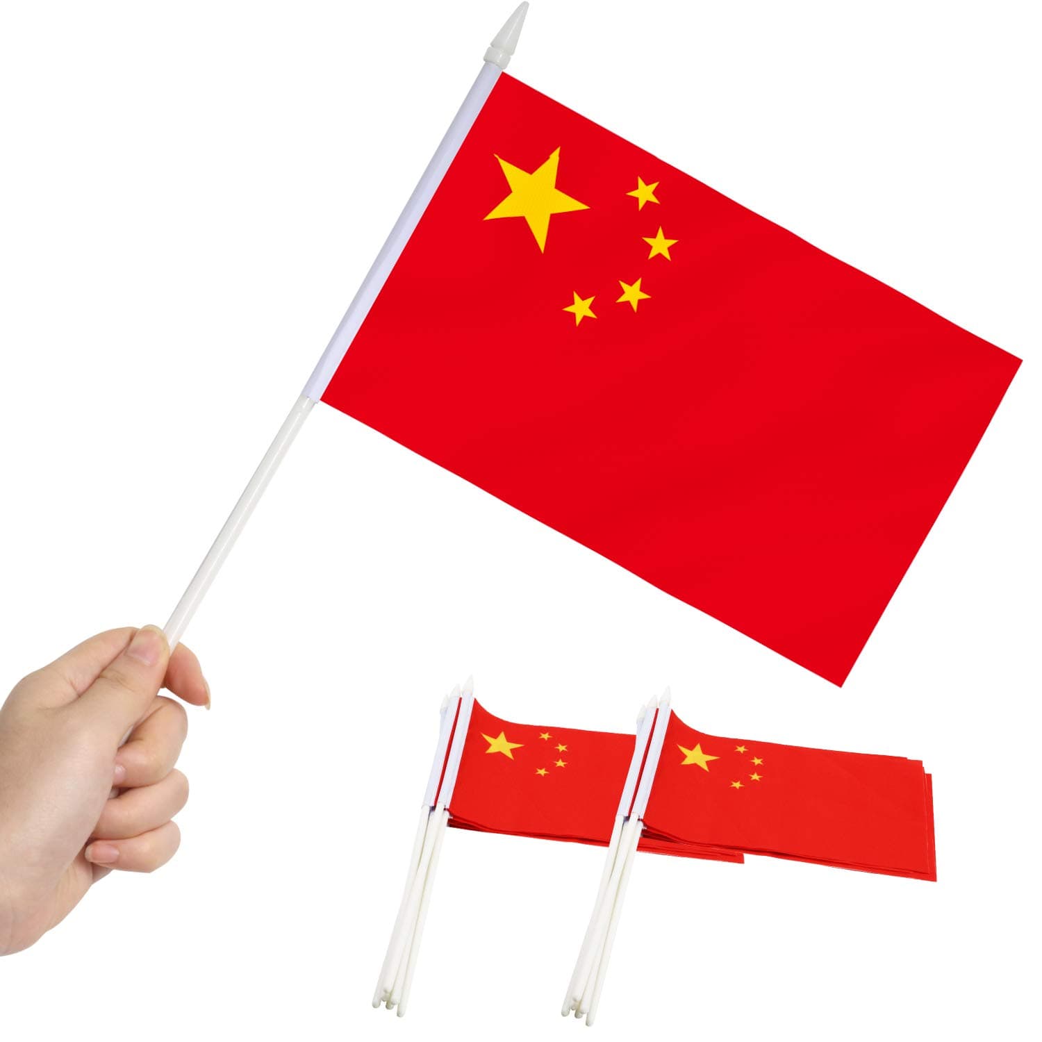 Anley China Mini Flag 12 Pack - Hand Held Small Miniature Chinese Flags on Stick - Fade Resistant & Vivid Colors - 5x8 Inch with Solid Pole & Spear Top