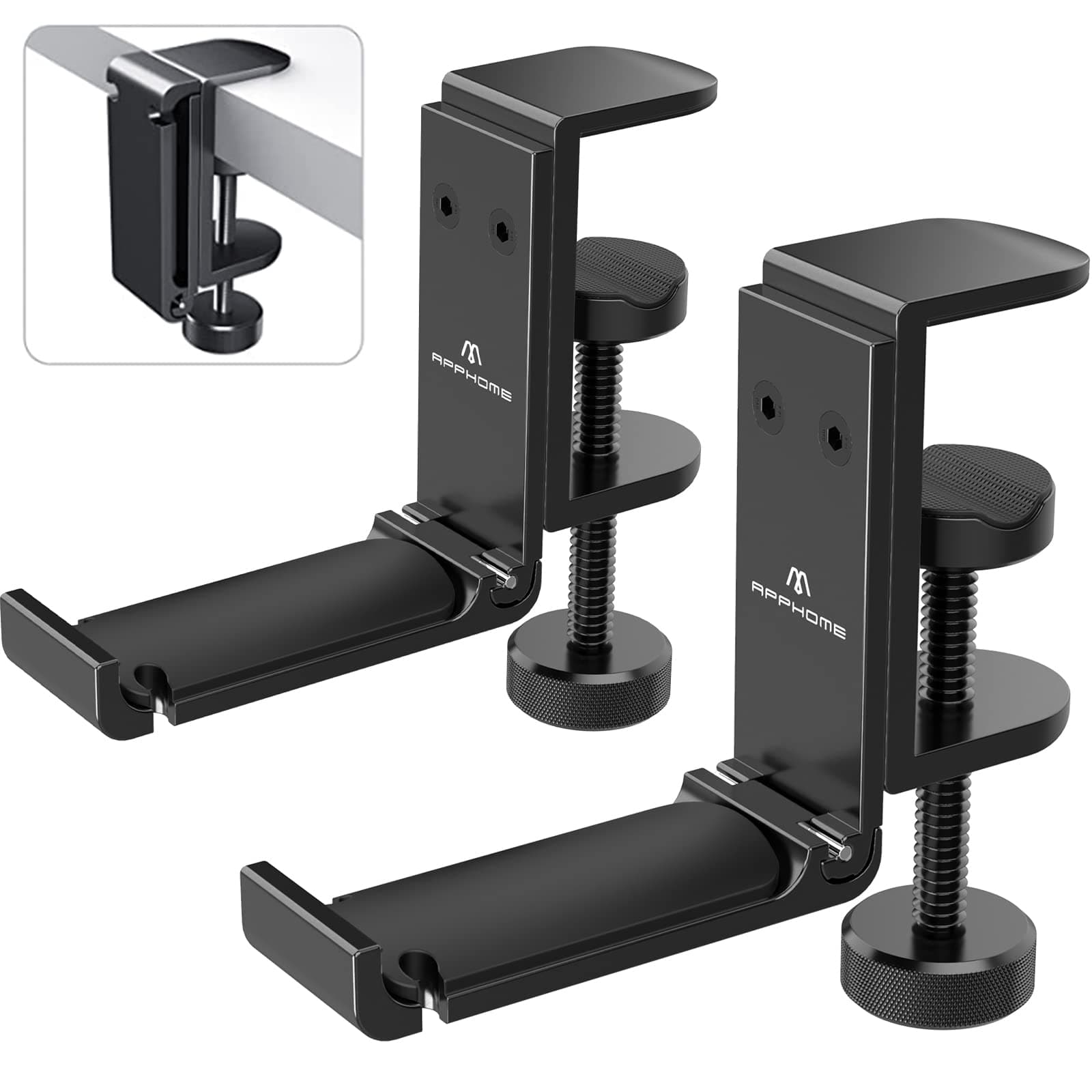 2Pack Upgrade Foldable Headphone Stand Under Desk PC Gaming Headset Hanger Holder Hook Clamp with Built in Cable Clip Organizer Space Save Mount Fold Upward Not in Use, Universal Fit, Black