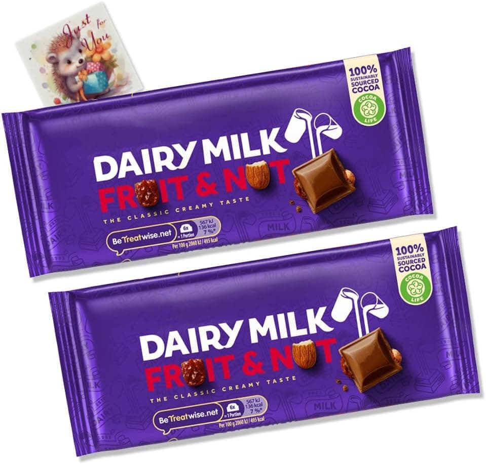 Chocolate Dairy Milk Fruit & Nut Chocolate Bar Pack of 2x 110g (220g) | Rich & Nutty | Delightful Treats | Gift for All Occasions | Suitable for Vegetarians