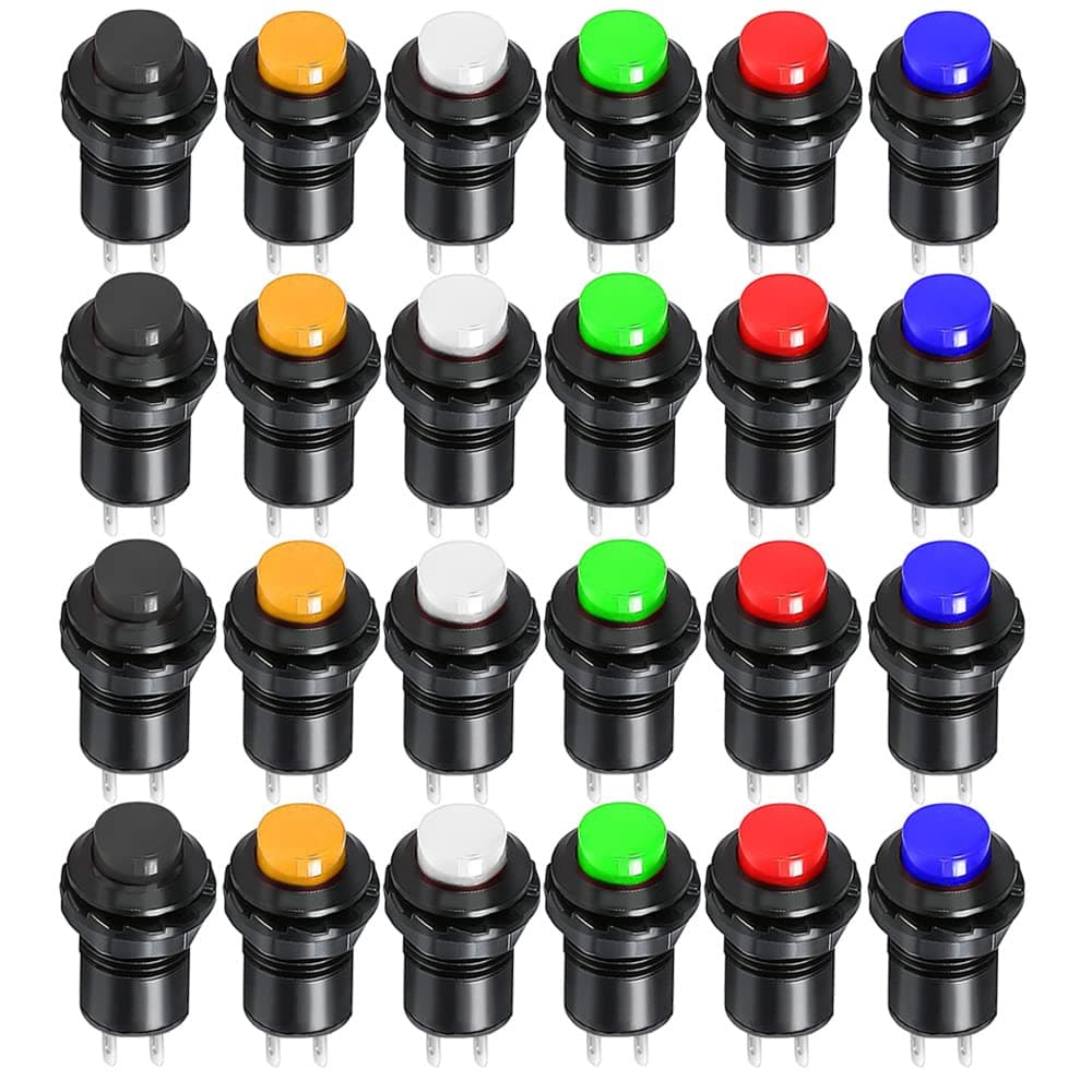 24pcs 12mm Latching Push Button Switch SPST ON/OFF AC 250V/1.5A 125V/3A, Lockable Mini Round Rocker Switch for Car Trumpet, PC, Table Lamp, Home Doorbell