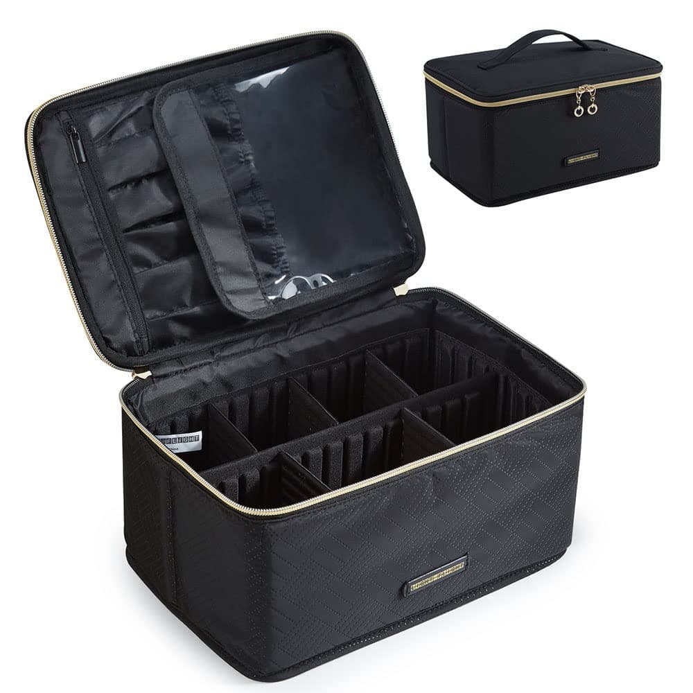 LIGHT FLIGHT Makeup Bag, Cosmetic Bag Large Makeup Case Organizer with Adjustable Dividers for Cosmetics, Makeup Brushes, Toiletries, Travel Accessories, Black, Medium