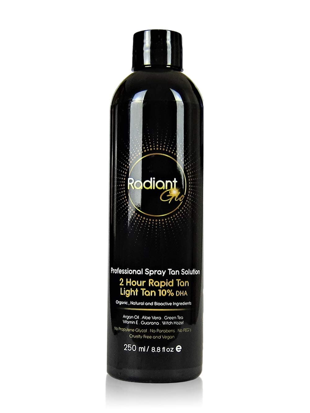 Spray Tan Solution- 2 Hour Rapid Tan - Natural - Organic - Vegan - 10% Light - Adjustable Shades - 250ml - Up To 5 Tans - No Nasty Ingredients - Made In Australia Exclusively For Radiant Glo