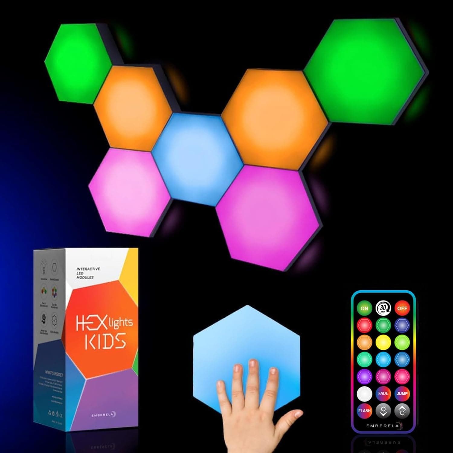 Emberela HEXlights Touch Activated Sensory LED Light Set, Remote Controlled RGB Wall Panels, Great for Kids Bedroom or as Wall Activity Panel for Room