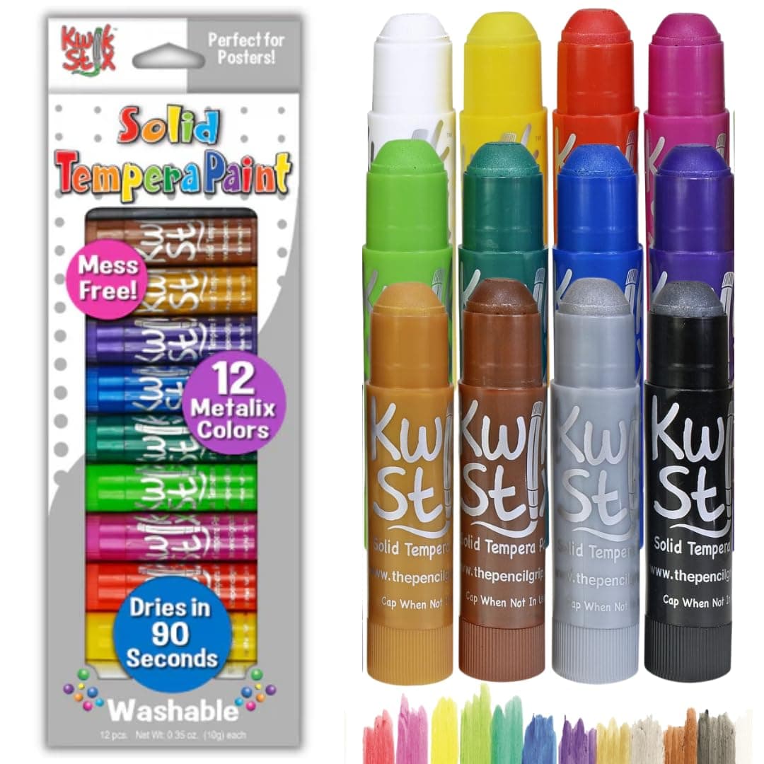 Kwik Stix Solid Tempera Paint Sticks, 12 Metallic Colors, Washable Paint Sticks for Kids, Super Quick Drying, Non-Toxic, Allergen Free, Paint Sticks in Metallic Colors, Paint for Kids and Toddlers