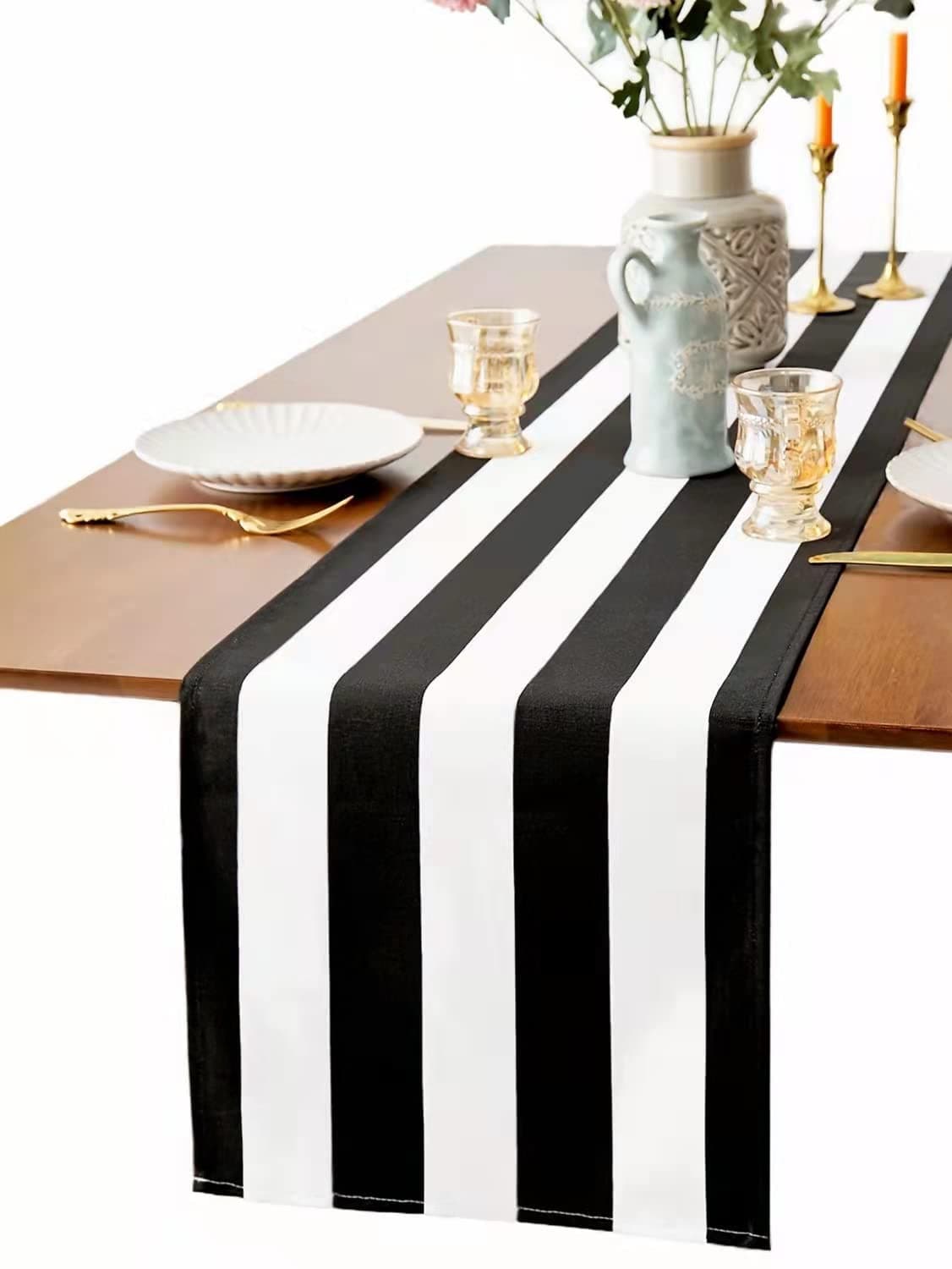 TEXSON Black and White Striped Table Runner 12 x 108 Inch,Cotton Fabric Black White Stripe Table Runner for Wedding Baby Shower Dinner Indoor Outdoor Parties Table Decorations