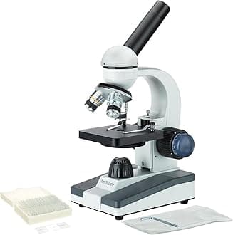 AmScope M150C-PS25 Compound Monocular Microscope, WF10x and WF25x Eyepieces, 40x-1000x Magnification, LED Illumination, Brightfield, Single-Lens Condenser, Coaxial Coarse and Fine Focus