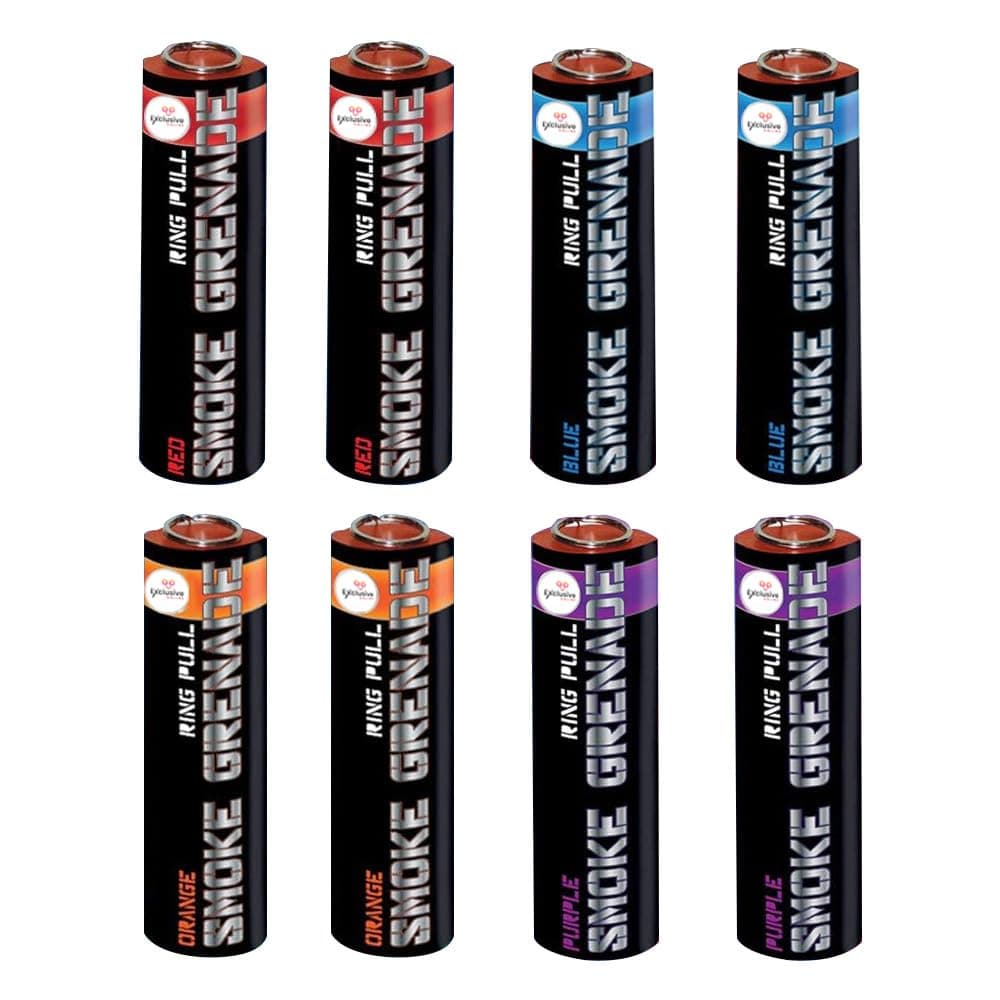 EXCLUSIVE ONLINE Pack of 8 Mixed Colour Ring Pull Smoke Grenades with Ideal for Paintball Weddings Photoshoots & Special Effects (2 Blue 2 Red 2 Orange 2 Purple)