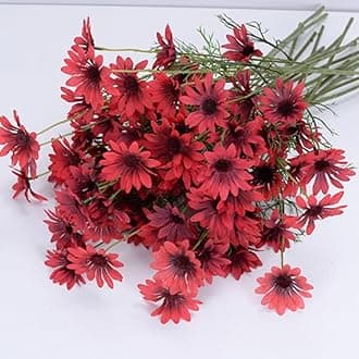 Artificial Flowers 12 Bundles Artificial Silk Daisy Fake Flowers UV Resistant Outdoor Fake Wildflowers with Stems Greenery Shrubs Plants Arrangements for Home Garden for Decoration (red)