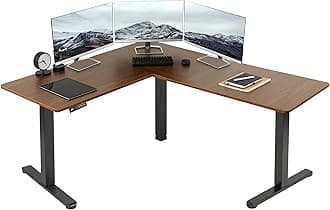 VIVO Corner Standing Desk, 63 x 55 inch Reversible L-Shaped Workstation, Electric Height Adjustment, Home, Office, and Reception Rooms, Dark Walnut Table Top Black Frame, DESK-E3CTD