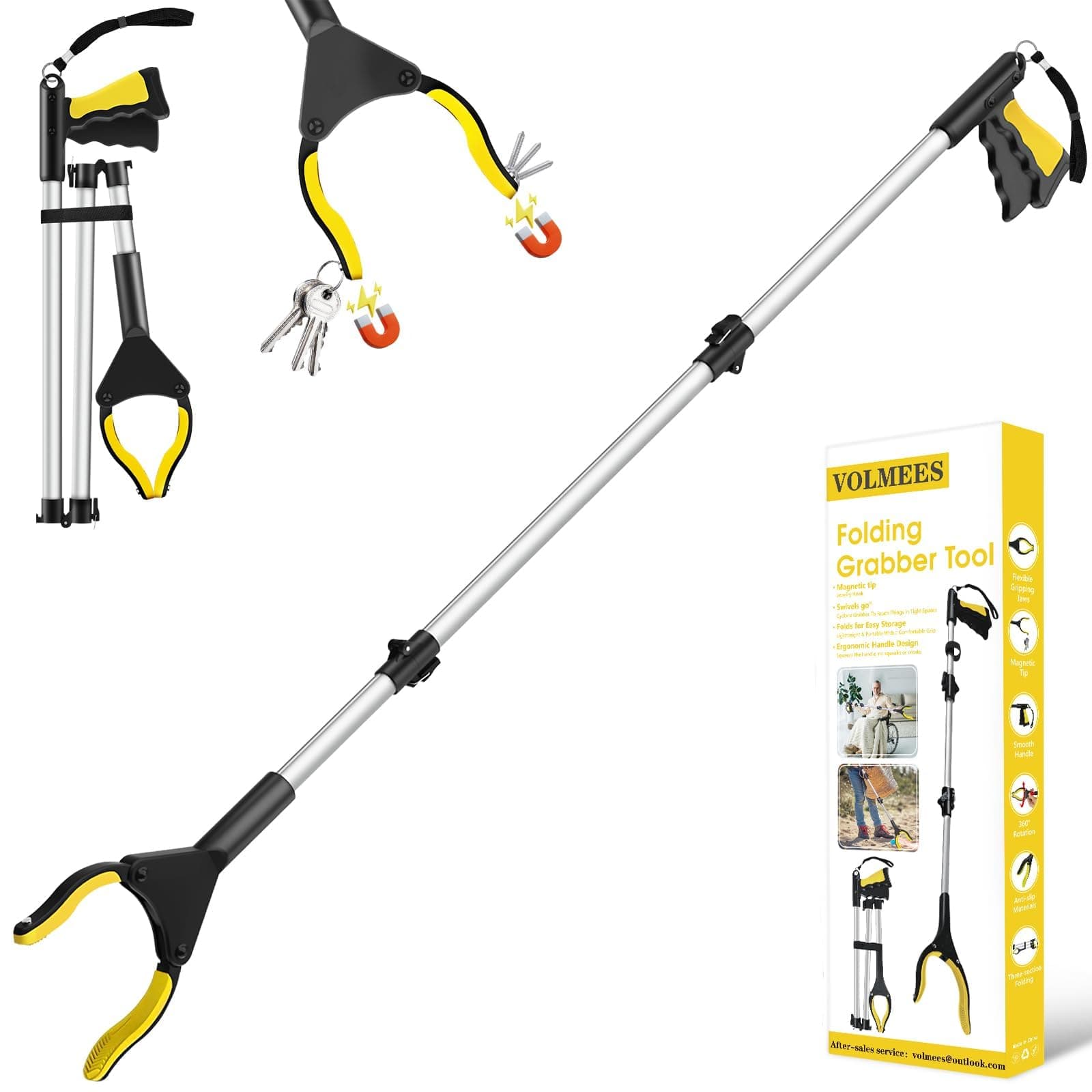 44" Extra Long Grabber Reacher Tool, Foldable Grabbers for Elderly Grab it Reaching Tool, Adjustable Rope, 360°Rotating Jaw +2 Magnets, 4" Wide Claw Trash Grabber Pickup Tool, W/Tool Bag