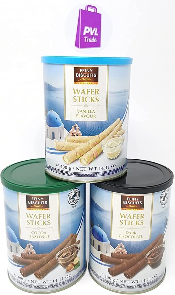 3 Pack Wafer Rolls Selection from Feiny Biscuits - Hazelnut & Cocoa 400g, Vanilla 400g and Dark Chocolate 400g
