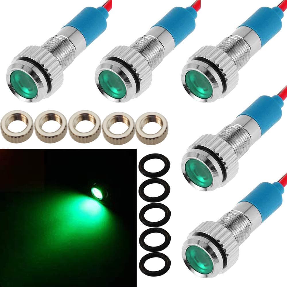 CESFONJER 5 pcs 8 mm 1/4" LED Metal Indicator Light 12V Waterproof Signal Lamp Pilot Dash Directional Car Truck Boat with Wire (Green color)