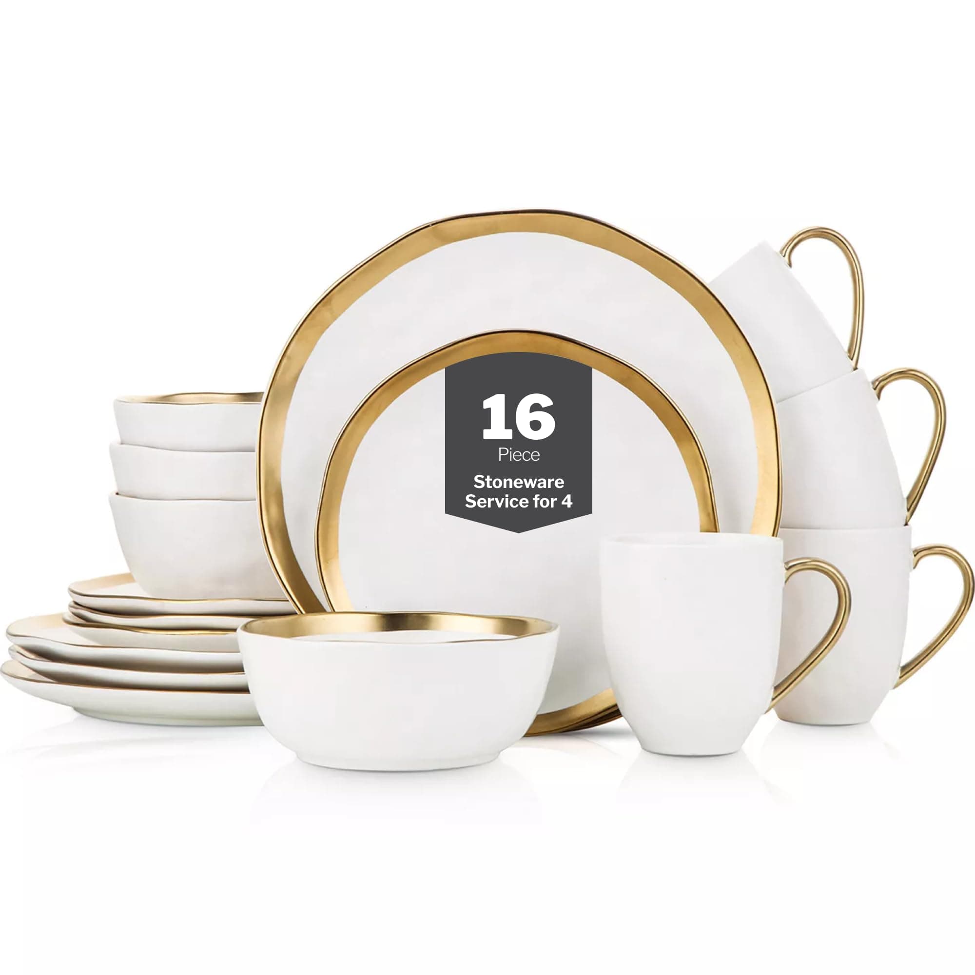 Stone Lain Modern Poreclain 16 Piece Dinnerware Set, Plates and Bowls Set, Dish set for 4, White And Golden Rim