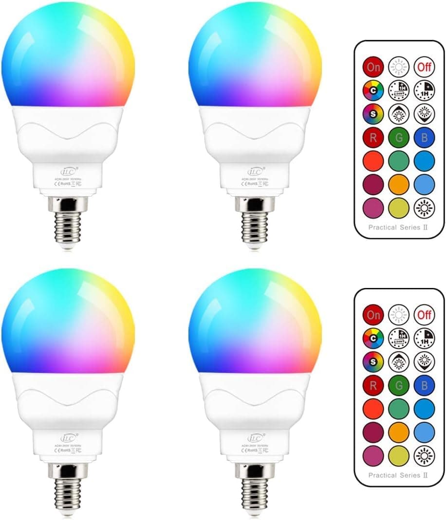 iLC E14 LED Light Bulb, 5W, RGB Colour Changing, 40W Equivalent Incandescent, 2700K Warm White SES Small Edison Screw Golf Ball Candle Bulbs Remote Controls (4 Packs)