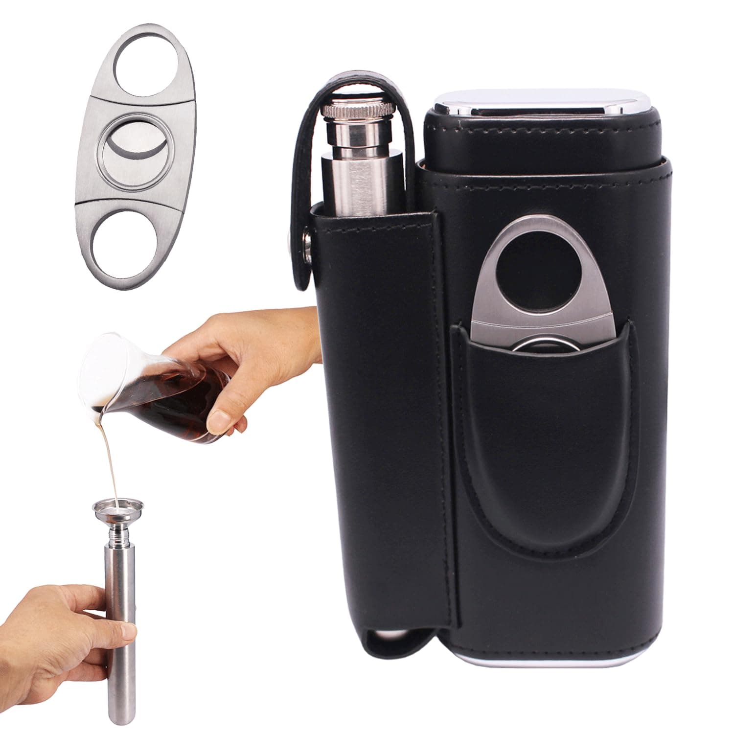 AMANCY Convenient Cedar Wood Lined 2 Holder Black Cigar Case Flask