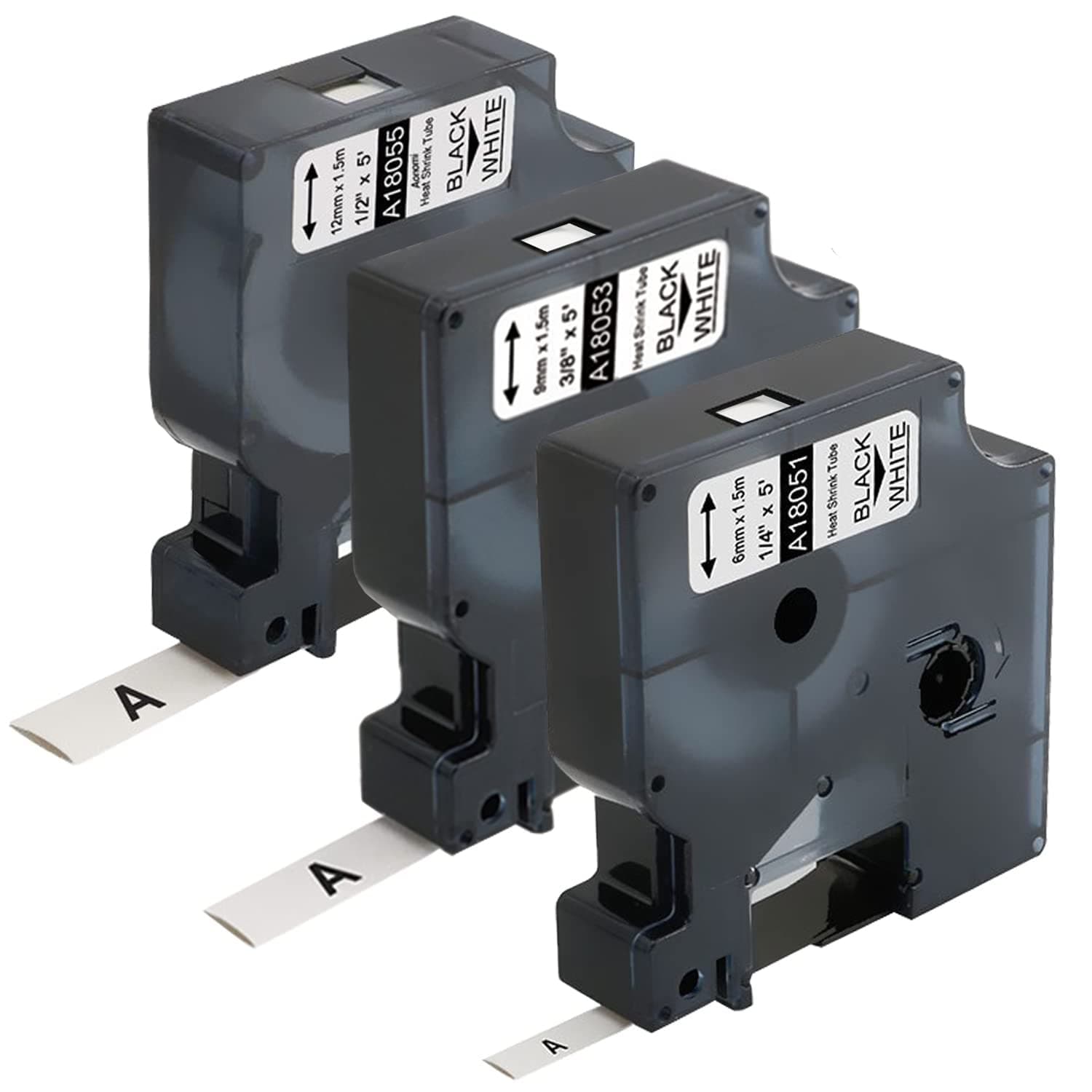 3-Pack Compatible Label Tapes Replacement for DYMO 18051 18053 18055 (1/4", 3/8", 1/2") Heat Shrink Tube Labels for DYMO Rhino 4200 5200 5000 Industrial Label Maker, Black on White, 4.9 Feet