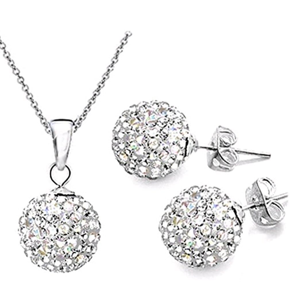 Merry Harry Beautiful 925 Womens Crystal Solid Silver Disco Ball Friendship Necklace and Stud Earring Set 10mm