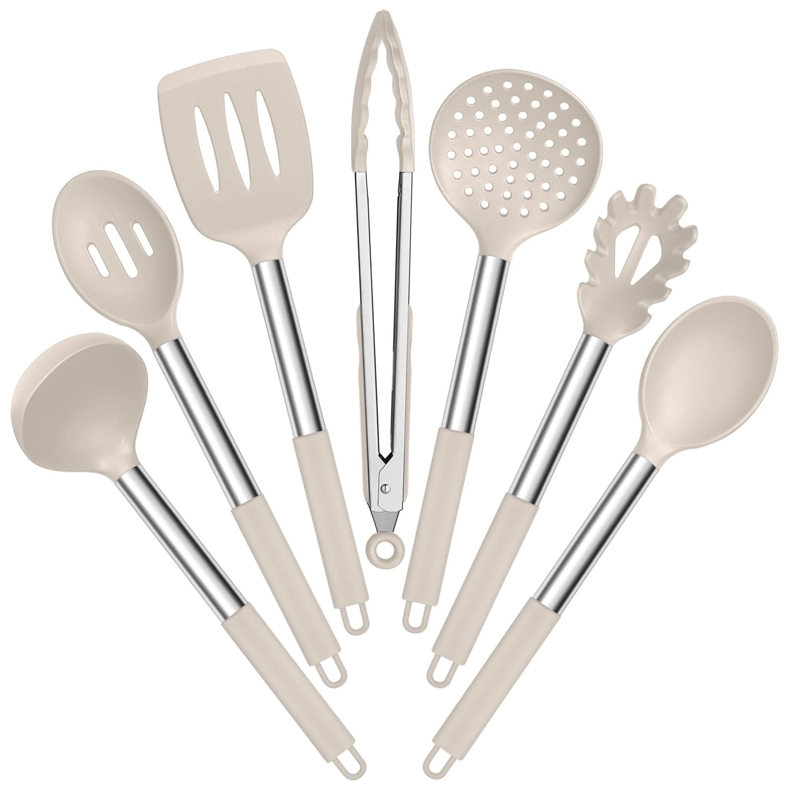 E-far Silicone Cooking Utensils Set, 7 Pcs Heat Resistant Kitchen Utensils with Stainless Steel Handle, Slotted Turner, Spoon, Soup Ladle, Pasta Server, Skimmer, Tongs for Nonstick Cookware, Khaki