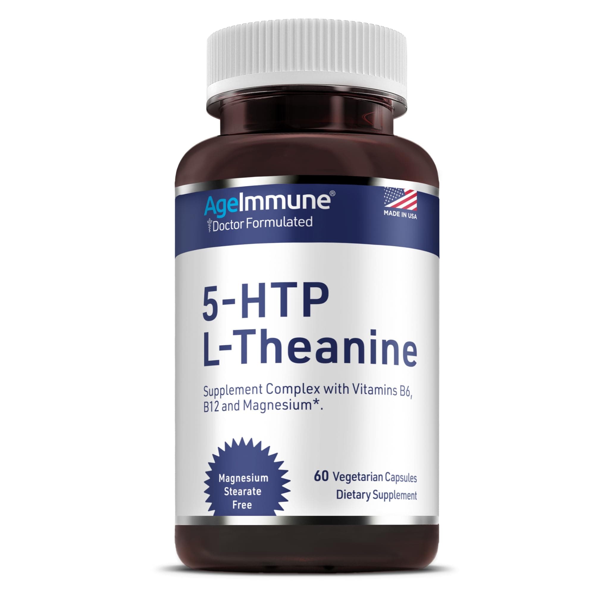 5-HTP Formula for Stress Relief and relaxation support for Teens and Adults with 5-HTP, L-Theanine, Vitamin B6, Vitamin B12, Magnesium - Doctor Formulated - Magnesium Stearate Free - 60 capsules.