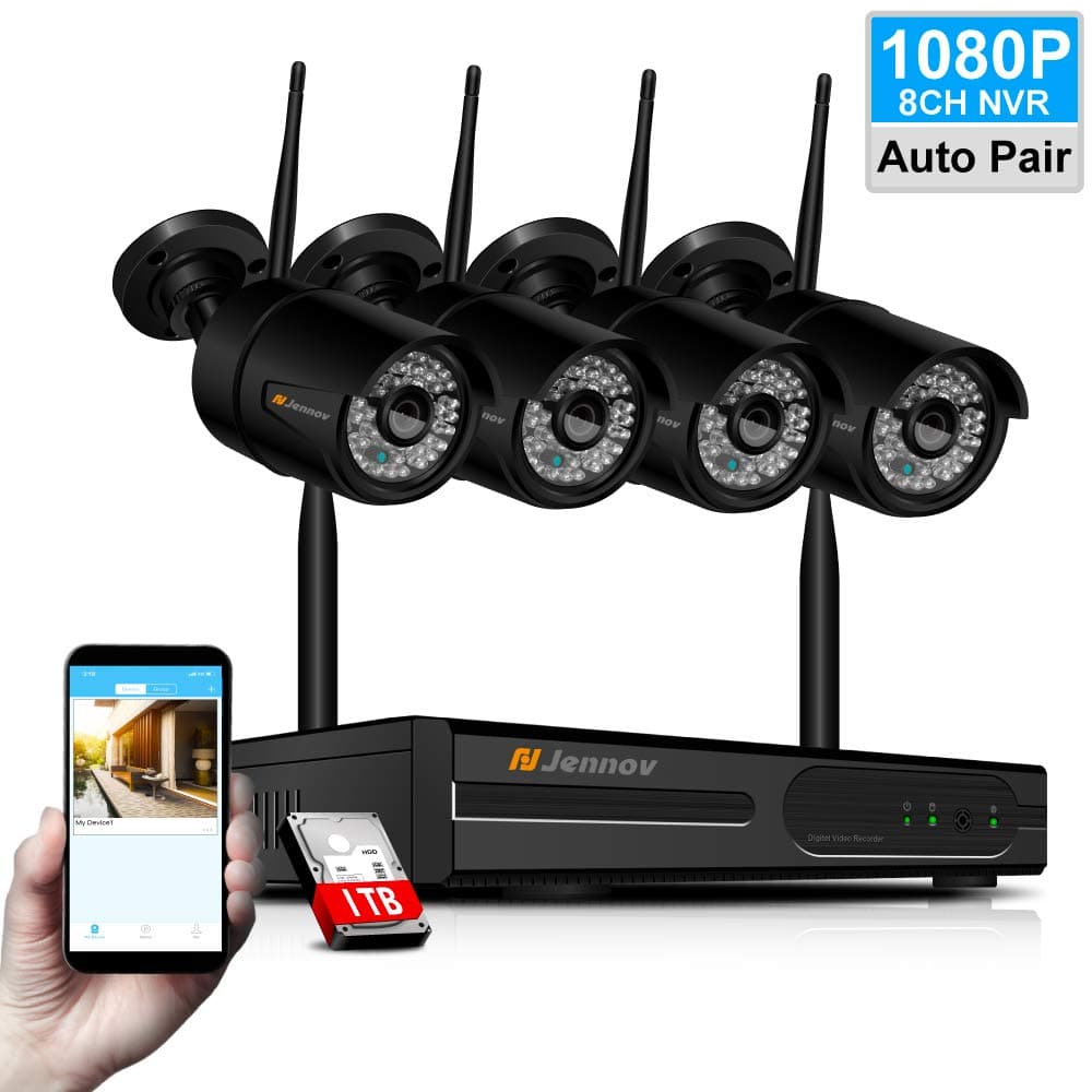 Jennov Full 1080P HD WiFi Wireless Security Camera System 8 Channel HDMI NVR And 4 x1080P Weatherproof CCTV Bullet IP Cameras 2.0MP 3.6mm Lens, Auto-Pair, IP66 aterproof Outdoor IR Night Vision
