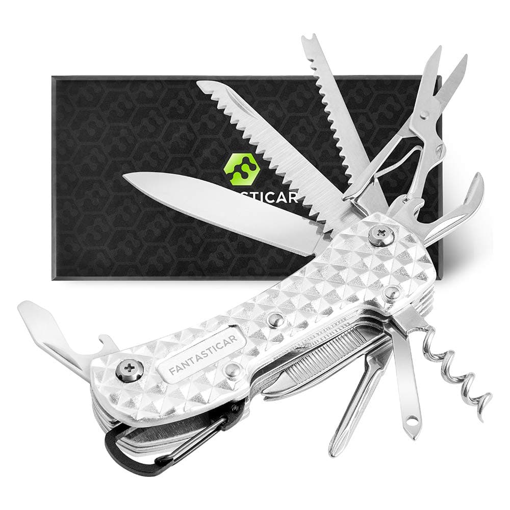 FANTASTICAR 15 in 1 Pocket Folding Multi-Tool, Key Chain, With Premium Gift Box for Camping, Fishing, Hunting, Survival, Heavy Duty Outdoor (Silver)