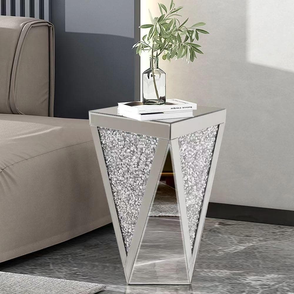 Silver Mirrored End Table, Crystal Inlay Side Table Accent Table, Small Mirrored Coffee Table for Living Room, Bedroom, Corner, 22" H