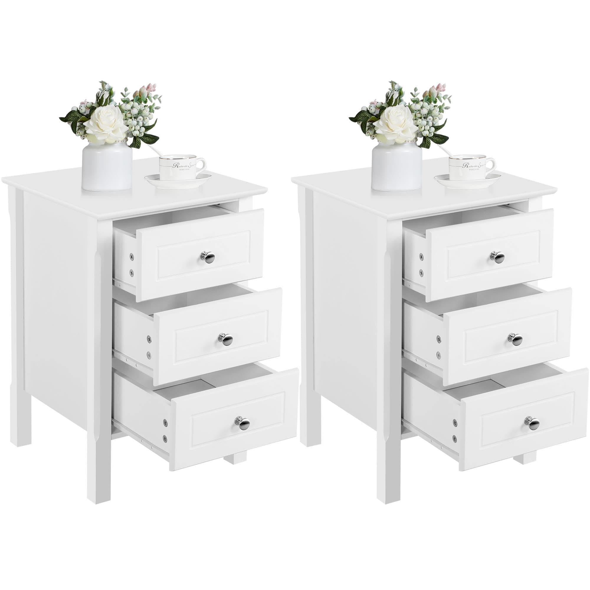 Yaheetech Bedside Table Set of 2, Bedside Cabinet with 3 Drawers and Heavy Duty Solid Pine Wood Legs, Wood Nightstand with Sturdy Structure and Metal Knobs for Bedroom, 40cmL x 40cmW x 60cmH, White
