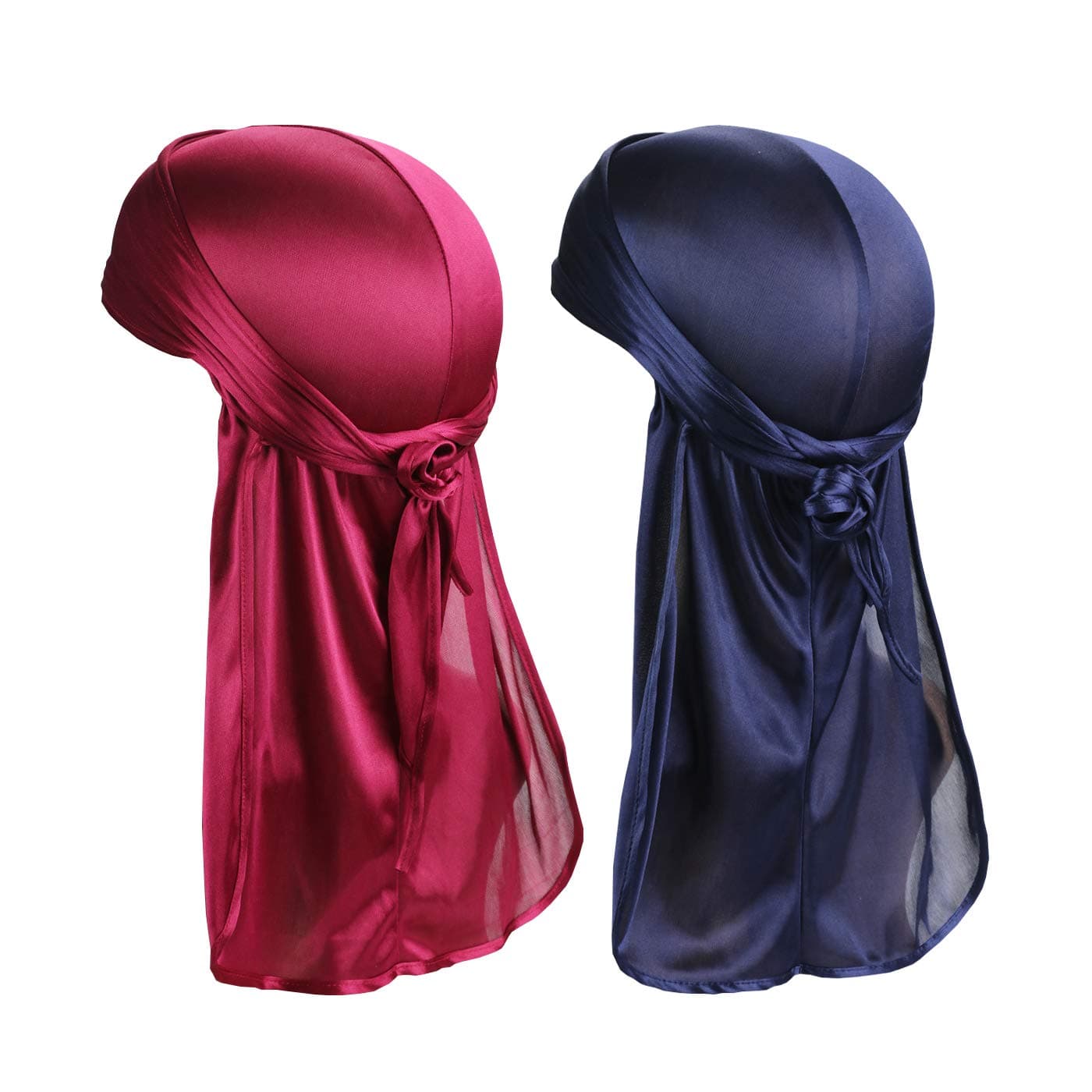 Silky Soft Durag (2PCS) with Extra Long Tail and Wide Straps Headwrap Du-Rag for 360 Waves,Free Size,Wine Wine+navy Navy