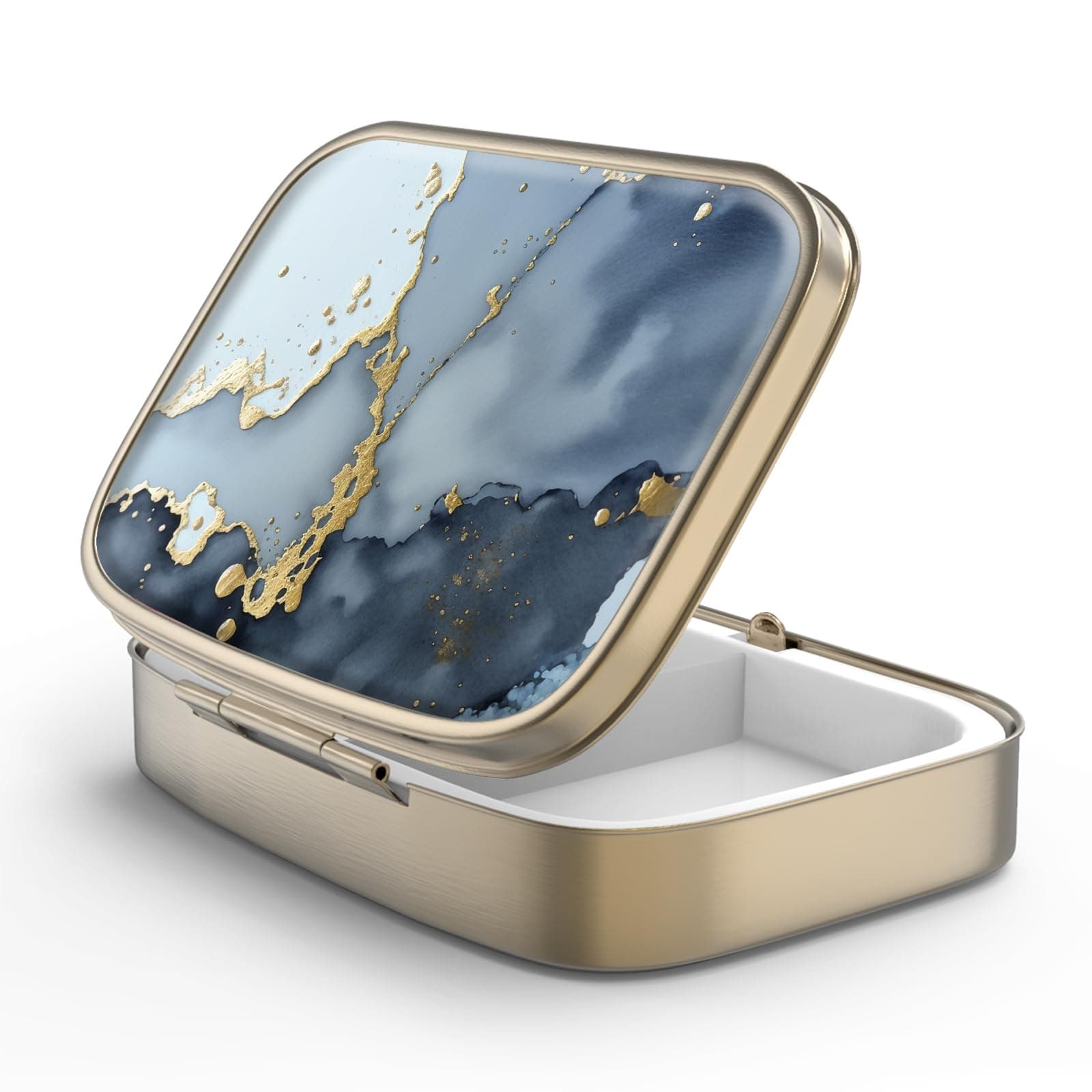 Pill Case Pill Box with Mirror Retro 2 Compartment Small Pill Case for Purse or Pocket Bronze Rectangular Pill Box or Vitamins, Fish Oil, Supplements, Pill Containe Travel Gifts（Black Gold Marble）