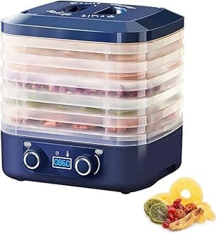 DEONG Digital Food Dehydrator for Fruit and Meat, Beef Jerky, Vegetables and More, 5 Trays, Adjustable Temperature, 48 Hour Timer + Auto Shutoff (Blue)