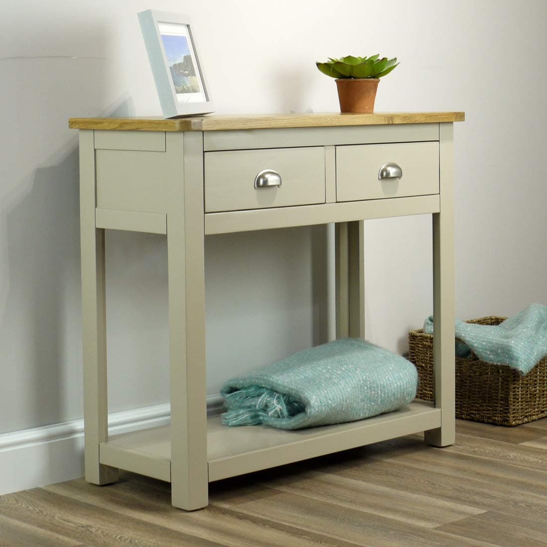 Wellington Painted Oak Grey 2 Drawer Console Table & Shelf - With Solid Oak Top